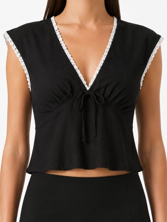 Reformation Tops - NWT Reformation Cherry Top Black Lace Trim V Neck Tie Front 4